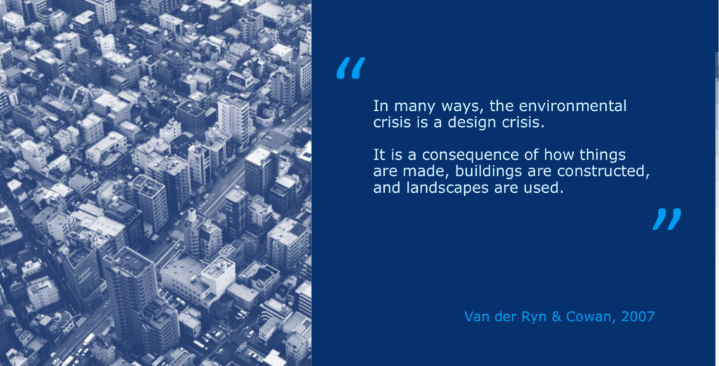 Aerial view of a dense urban area with buildings and streets. On the right, a blue text box contains a quote: 