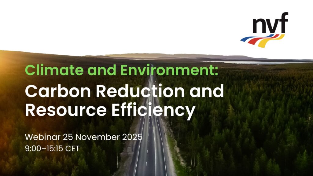 A scenic aerial view of a long, straight road cutting through a dense Nordic forest under soft sunrise light. Overlaid text promotes the NVF Climate and Environment webinar titled “Carbon Reduction and Resource Efficiency,