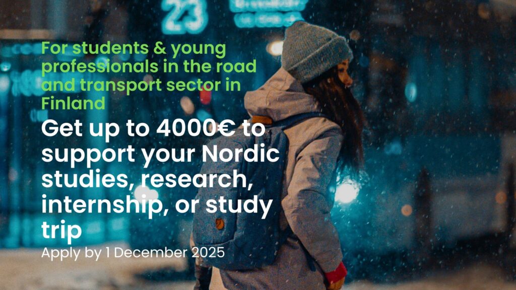 A young person wearing a winter coat and backpack waits at a snowy bus stop in an urban night setting. Overlaid text advertises a scholarship of up to 4000 euros for students and young professionals in Finland, with an application deadline of 1 December 2025.